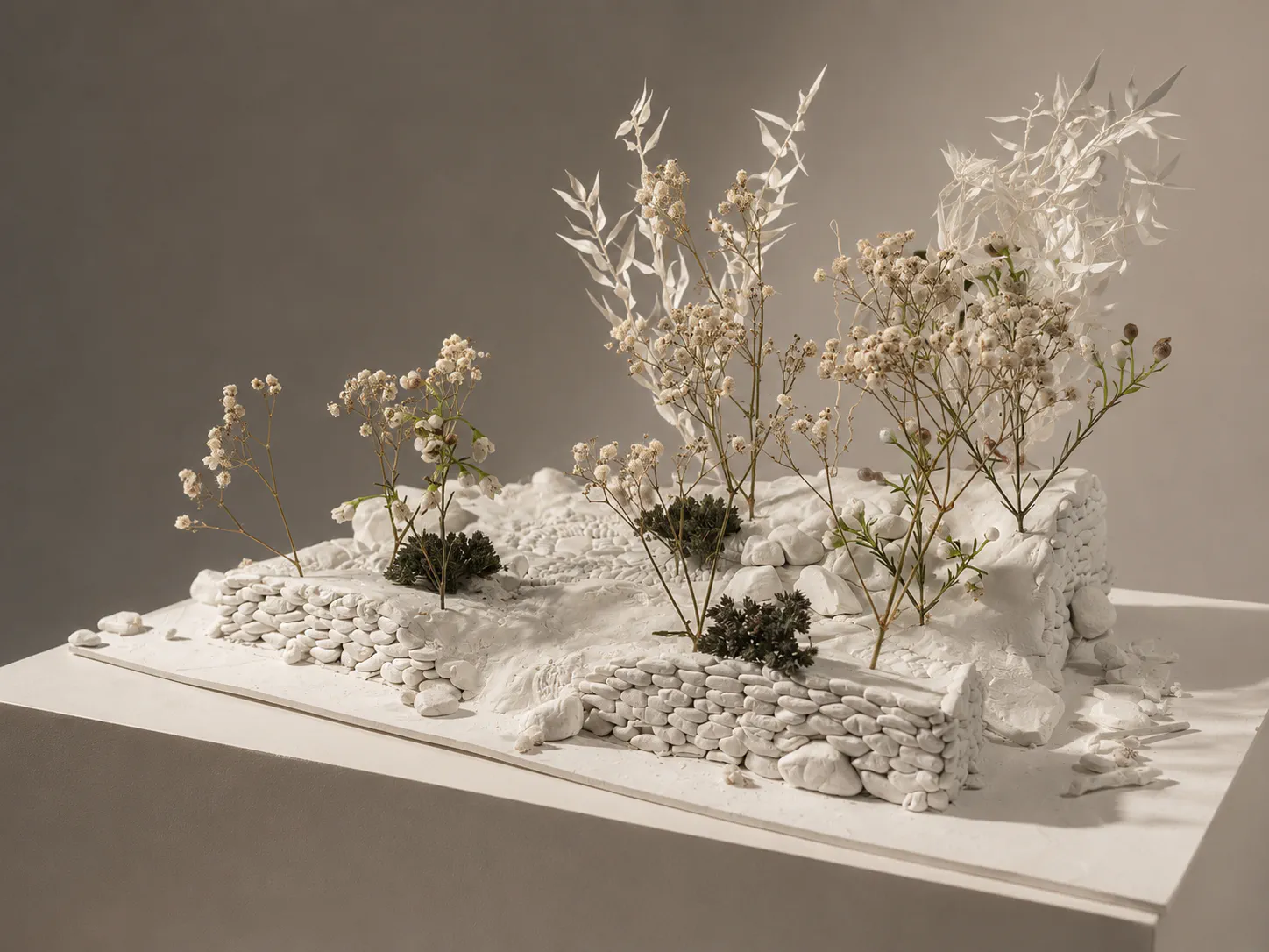 White concept model of the Forgotten Forests Garden, with miniature dry stone walls and dried plant stems