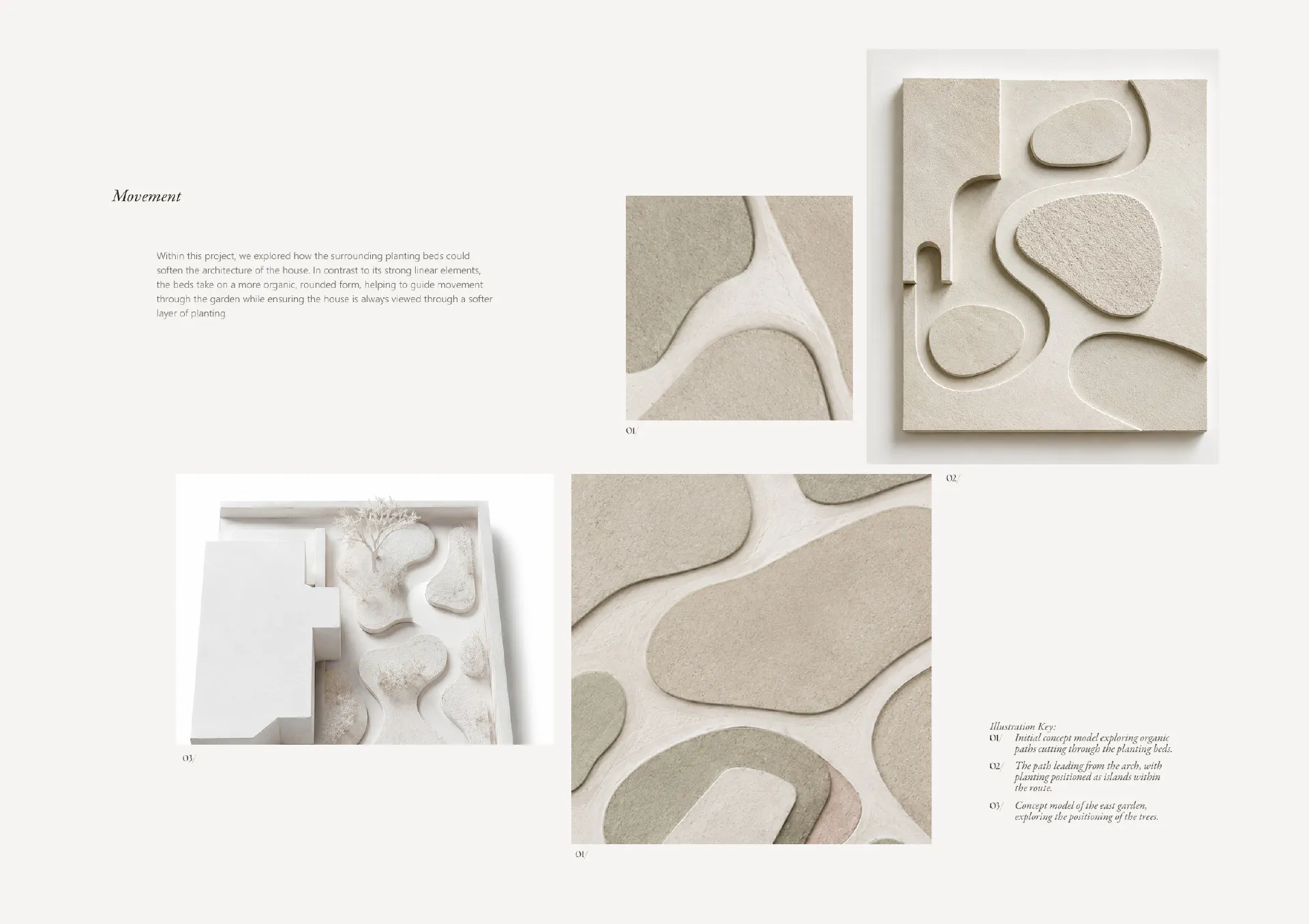 Design board on movement: plaster models of a winding path of organic stepping stones